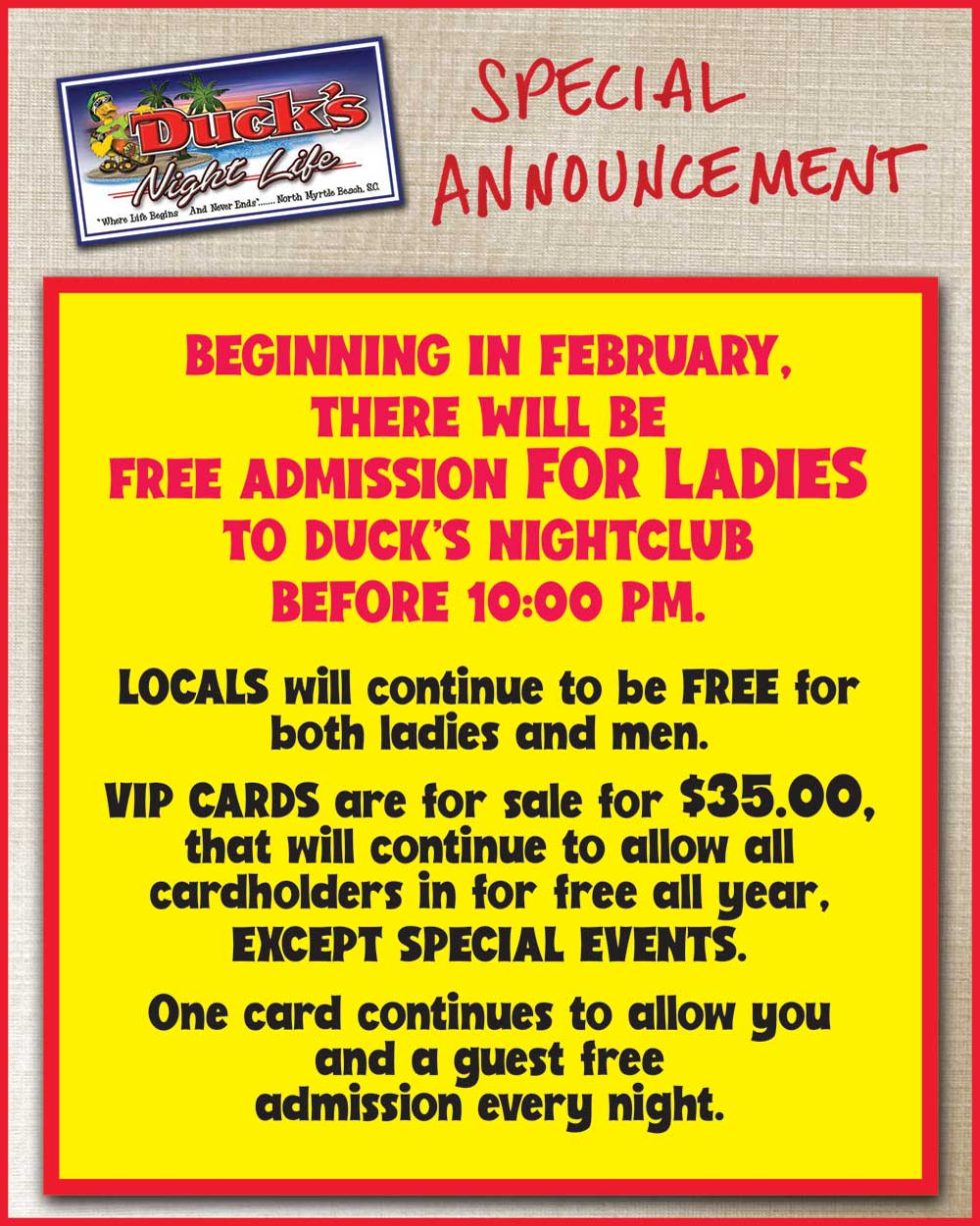 Special Announcement — Ladies Free Admission & VIP Cards